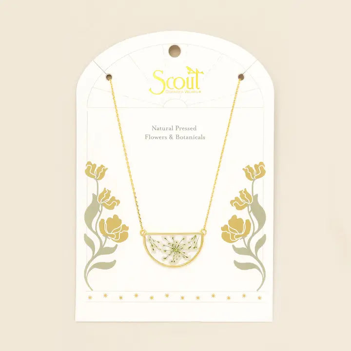 Pressed Flower Necklace - White Lace Flower/Gold