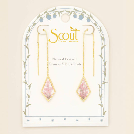 Pressed Flower Thread Earring - Pink Lace Flower/Gold