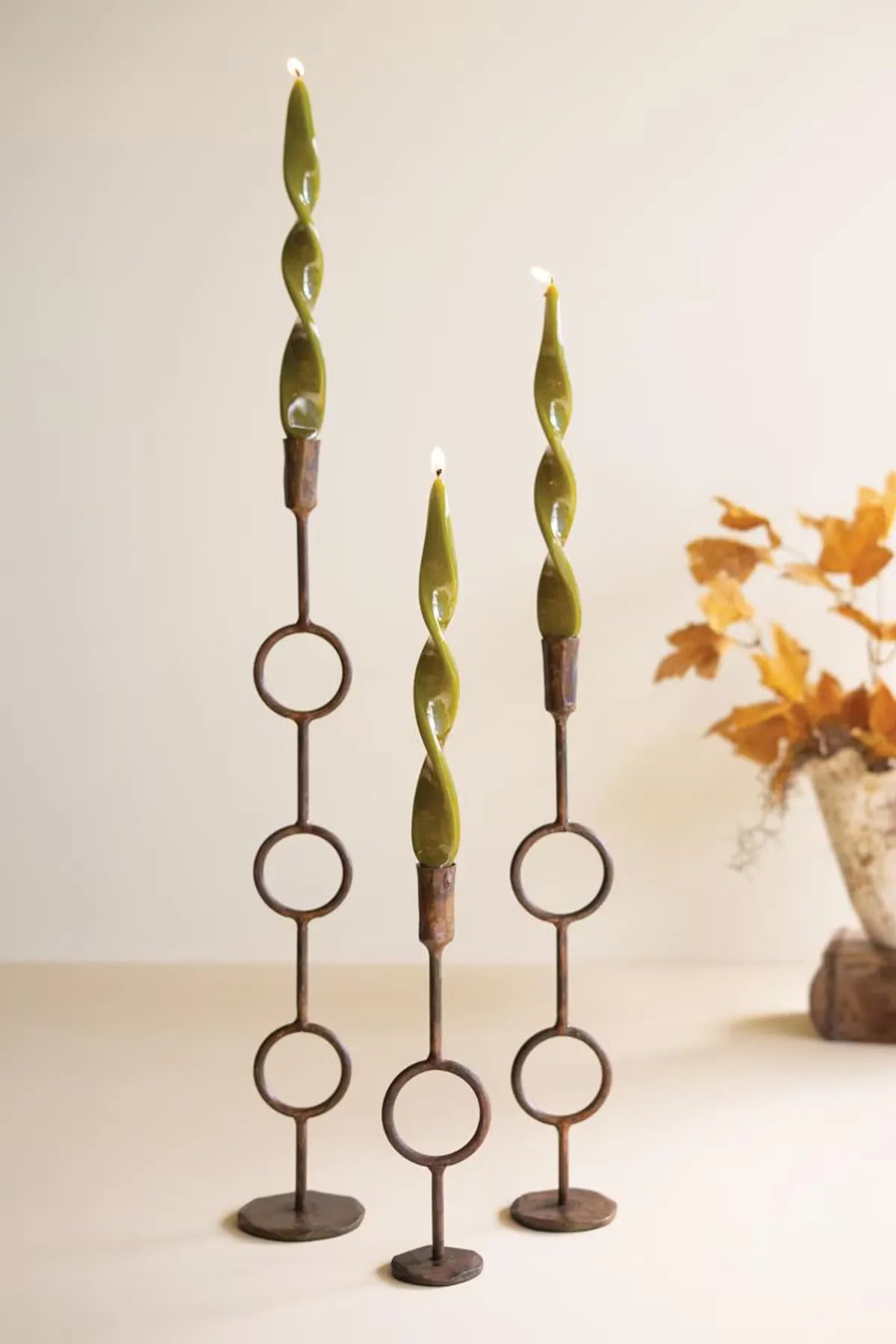 Set of 3 Forged-Iron Antique Brass Rings Taper Candle Holders