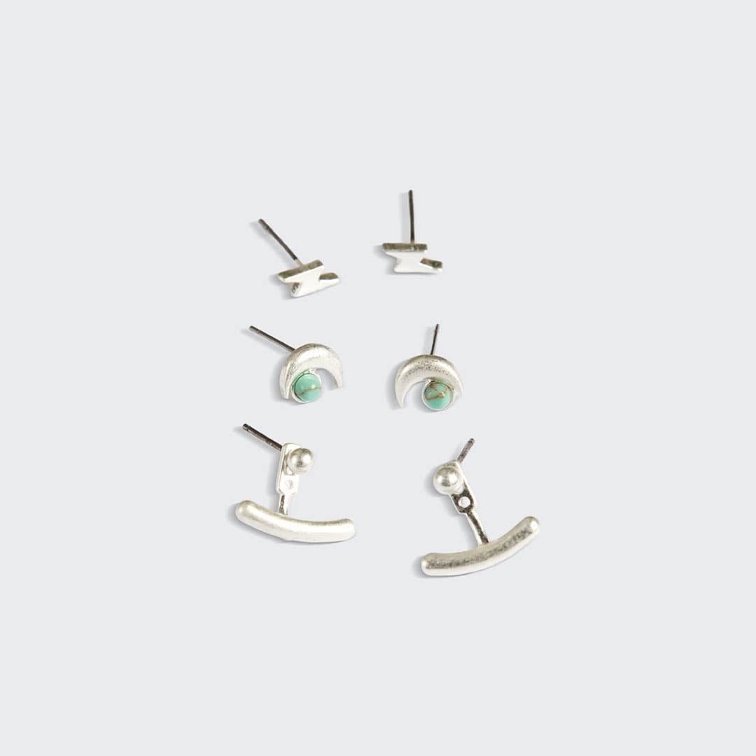 Stud Trio Ear Jacket Set - Moon/Turquoise/Silver