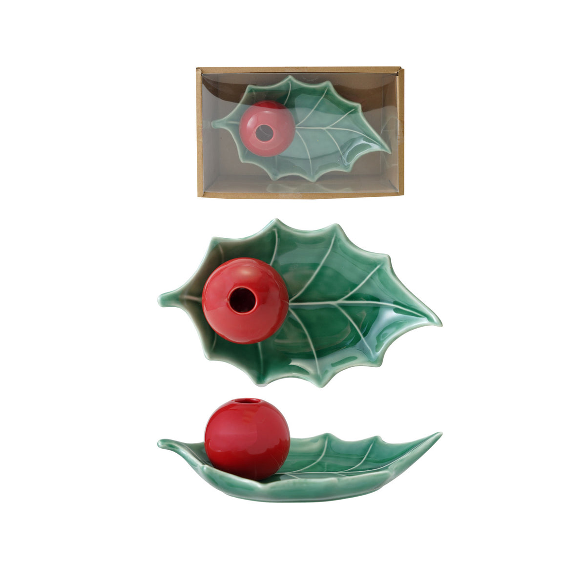 Stoneware Holly Shaped Plate with Berry Shaped Toothpick Holder