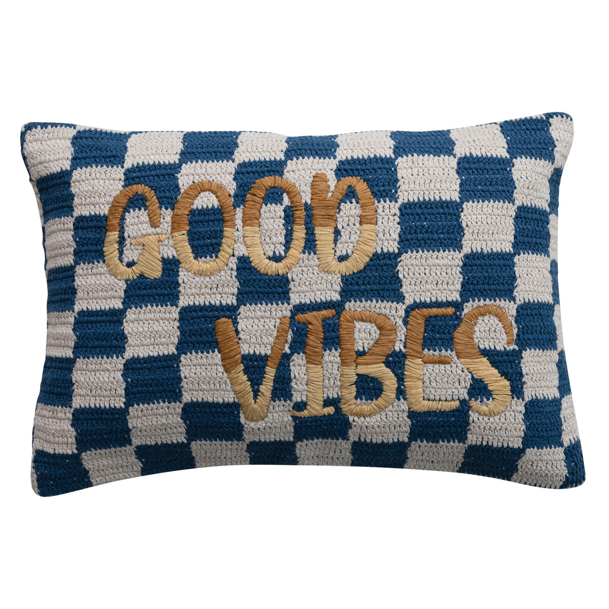 Cotton Crocheted Check Lumbar Pillow w/ Embroidered "Good Vibes"