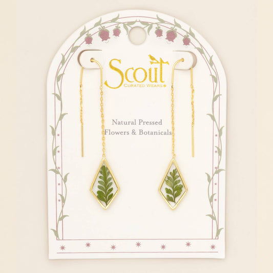 Pressed Flower Thread Earring - Green Bracken Fern/Gold