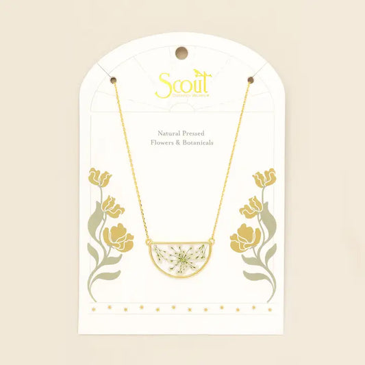Pressed Flower Necklace - White Lace Flower/Gold