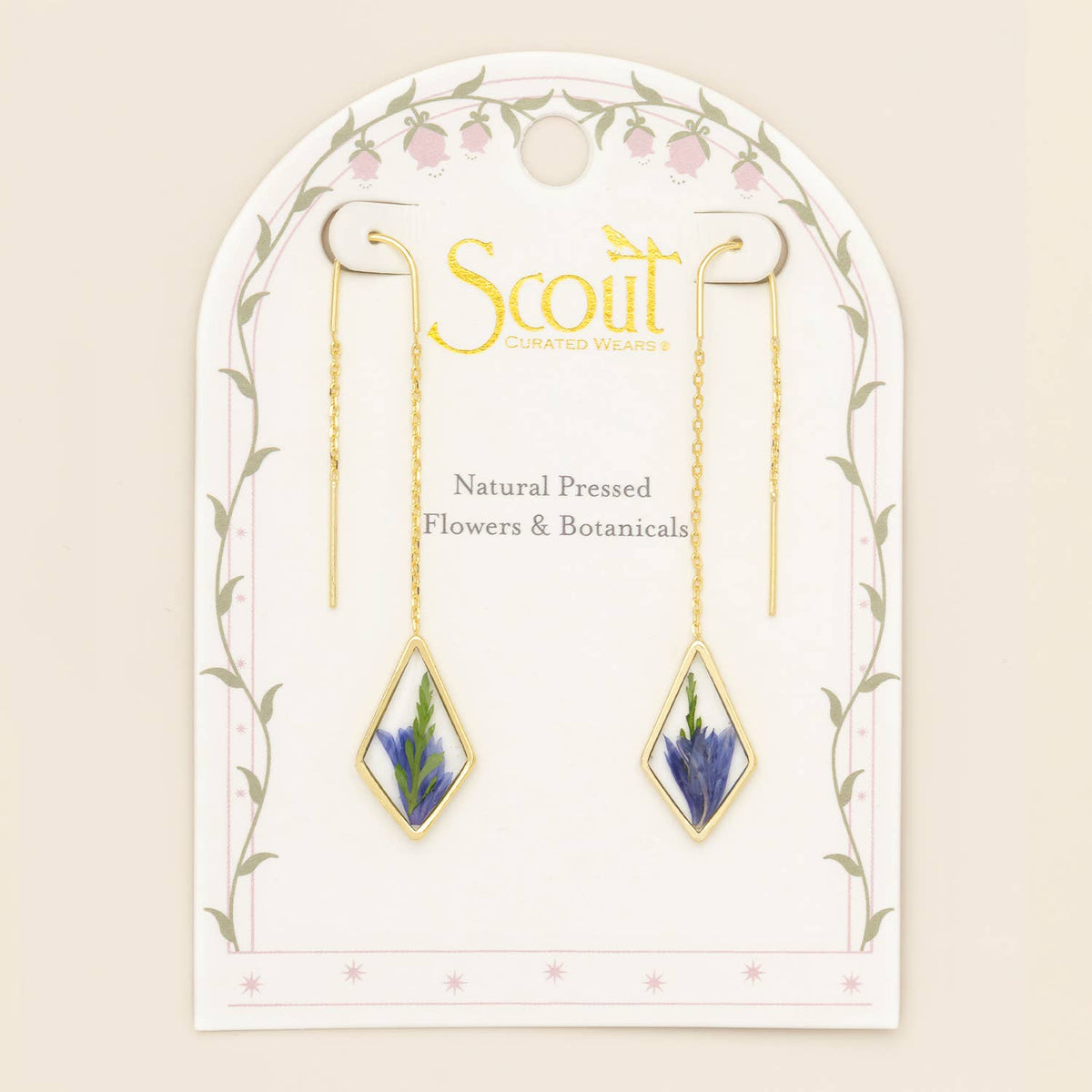 Pressed Flower Thread Earring - Purple Cornflower/Gold
