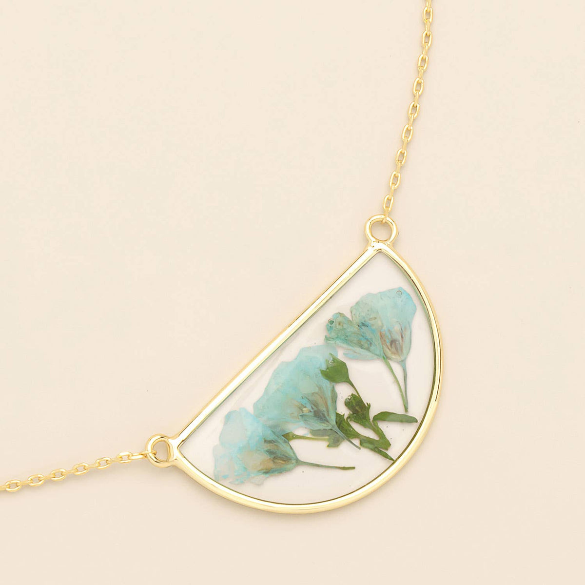 Pressed Flower Necklace - Blue Baby's Breath/Gold