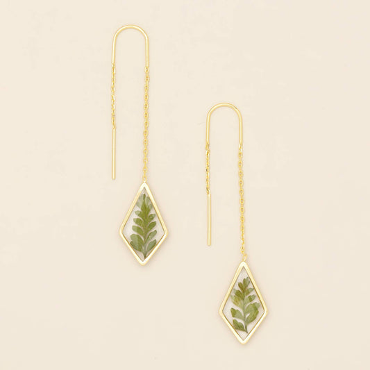Pressed Flower Thread Earring - Green Bracken Fern/Gold