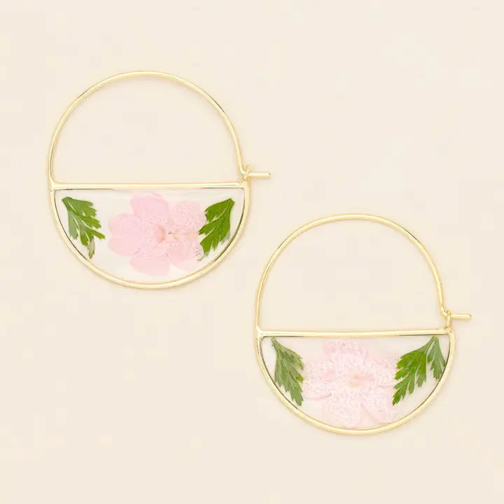 Pressed Flower Hoop Earring - Pink Cherry Blossom/Gold