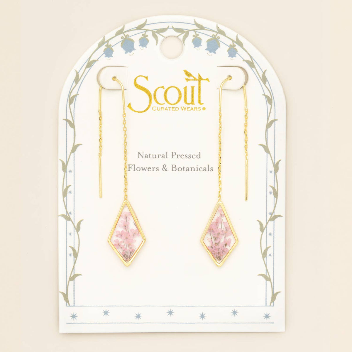 Pressed Flower Thread Earring - Pink Lace Flower/Gold