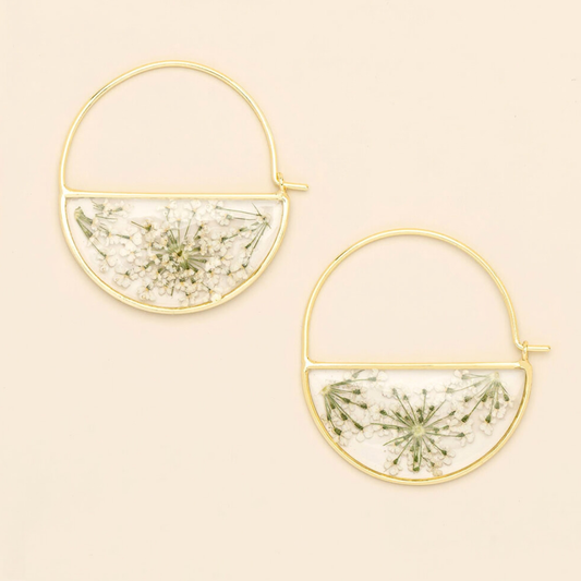 Pressed Flower Hoop Earring - White Lace Flower/Gold