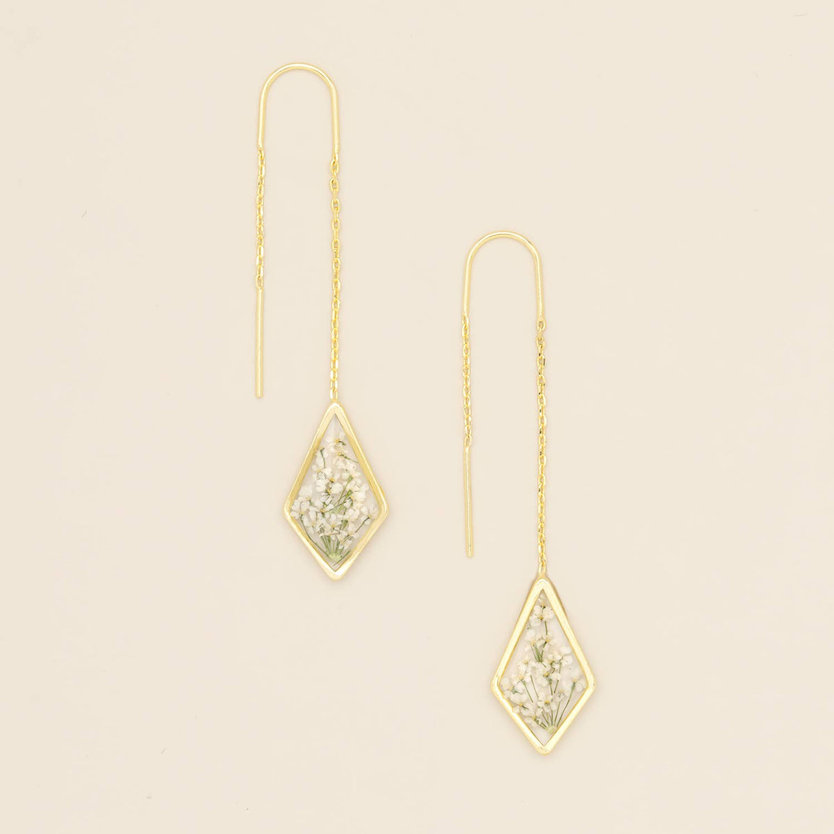 Pressed Flower Thread Earring - White Lace Flower/Gold