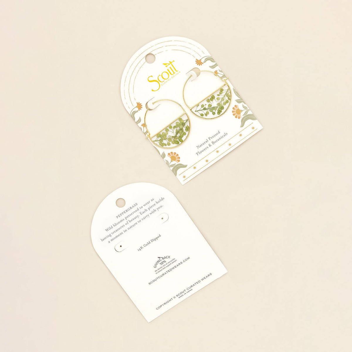 Pressed Flower Hoop Earring - Green Peppergrass/Gold