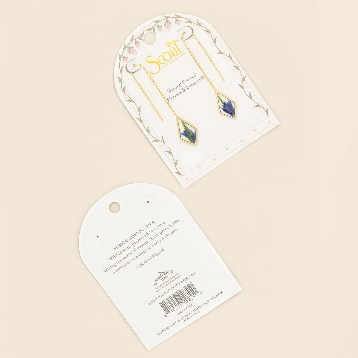 Pressed Flower Thread Earring - Purple Cornflower/Gold