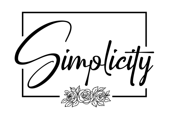 Black script text reading 'Simplicity' centered inside a thin rectangular border, with a small floral line drawing beneath the word, on a plain white background.