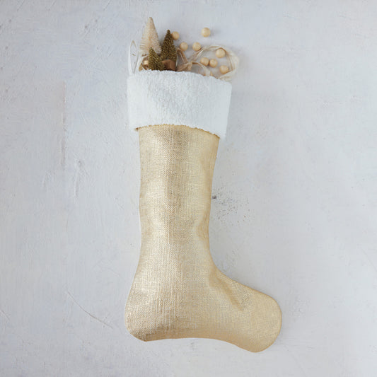 Two-Sided Cotton Slub & Foil Stocking with Faux Sherpa Cuff