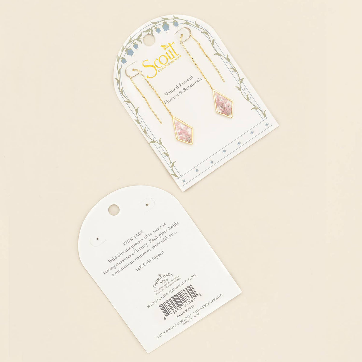 Pressed Flower Thread Earring - Pink Lace Flower/Gold