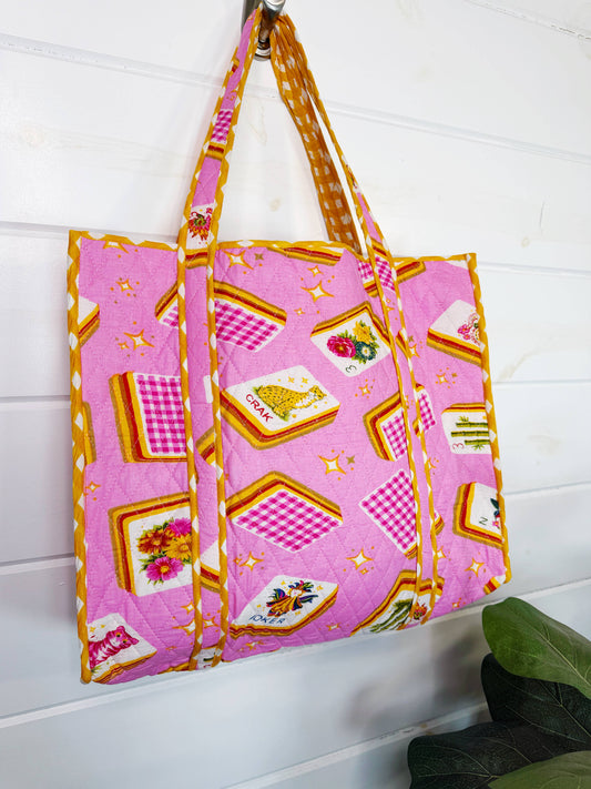 Pink Mahjong Quilted Tote Bag