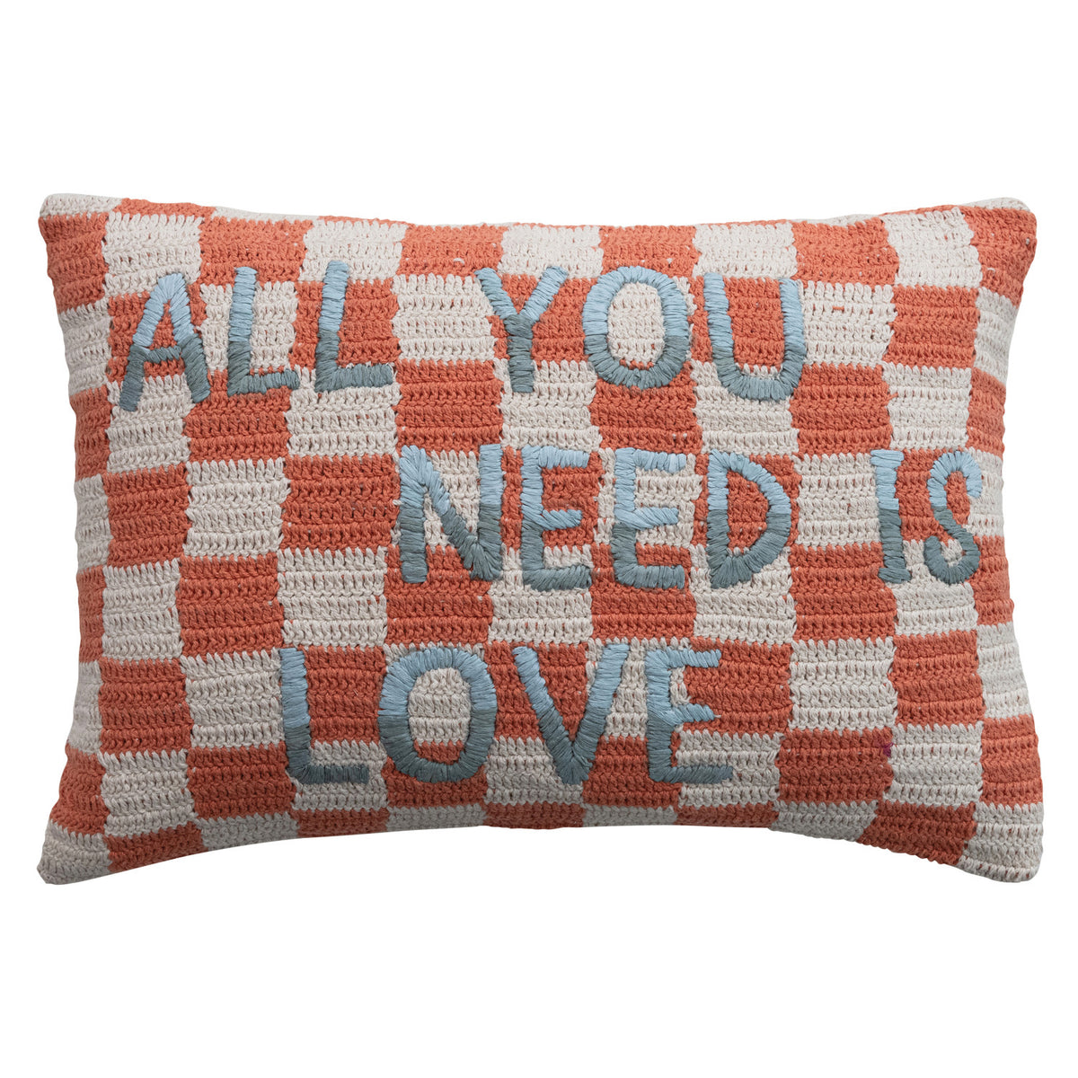 Cotton Crocheted Check Lumbar Pillow w/ Embroidered "All You Need Is Love"