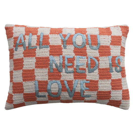 Cotton Crocheted Check Lumbar Pillow w/ Embroidered "All You Need Is Love"