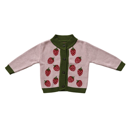 Cotton Knit Baby Strawberry Cardigan Sweater with Wood Buttons