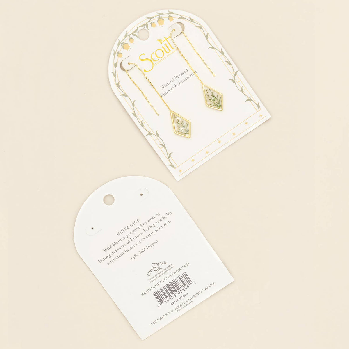Pressed Flower Thread Earring - White Lace Flower/Gold