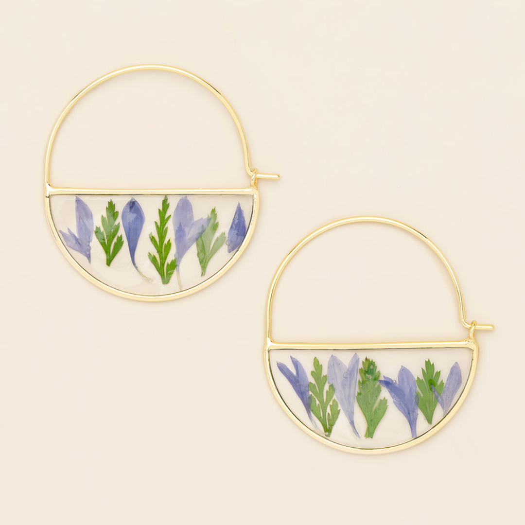 Pressed Flower Hoop Earring - Purple Cornflower/Gold