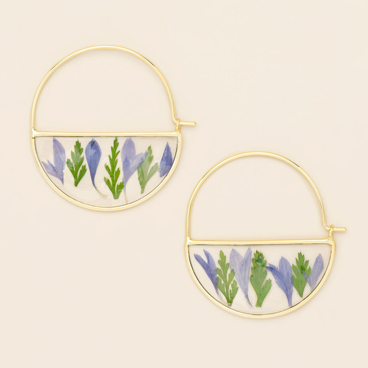 Pressed Flower Hoop Earring - Purple Cornflower/Gold