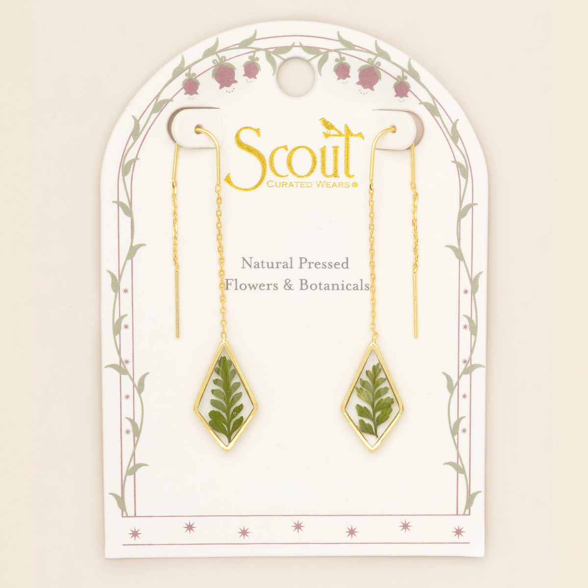 Pressed Flower Thread Earring - Green Bracken Fern/Gold